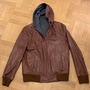 Men's Rerversible Leather Bomber Jacket with Hood